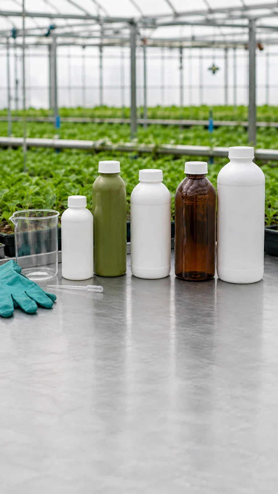 Agrochemical bottle formats shown in a greenhouse crop setting