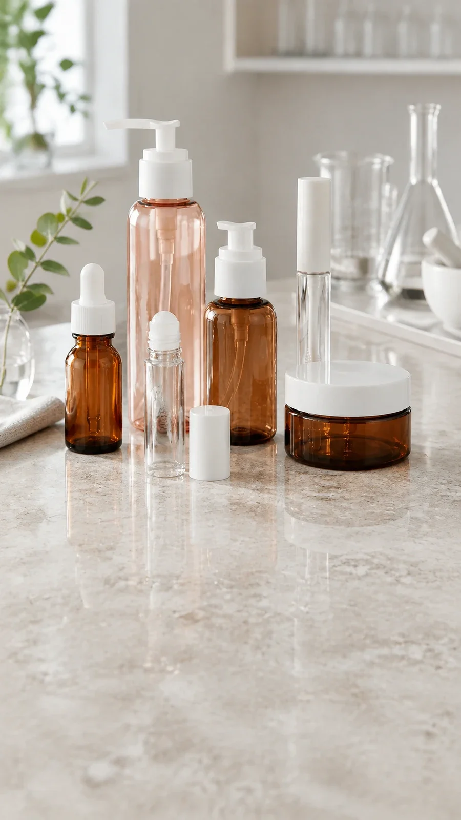 Solid-color cosmetic bottle formats arranged in a clean cosmetic production scene