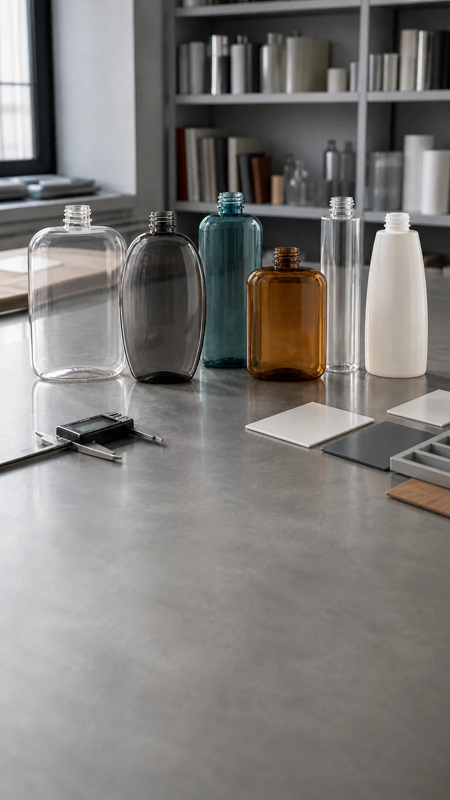 Specialty-shaped bottle formats arranged in a packaging design workspace